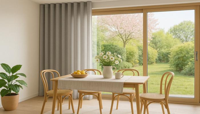 Cosy modern dining room with a recessed curtain track, floor-to-ceiling windows, soft grey curtains, wooden dining table, spring flowers, and indoor plants. Natural light enhances the seasonal home decor and minimalist interior design.